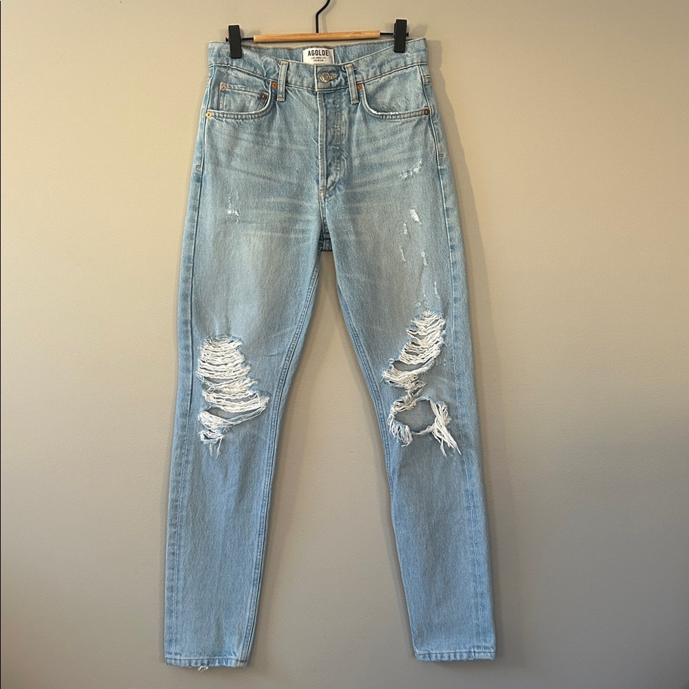 Agolde‎ Jamie High Rise Classic Light Blue Distressed Straight Leg Jeans Size 24